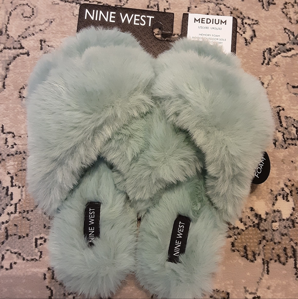 Nine West Fuzzy Slippers in Light Green